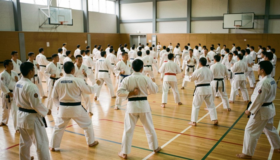 Grote groep karateka uit verschillende clubs traint samen in een sporthal tijdens een seminar