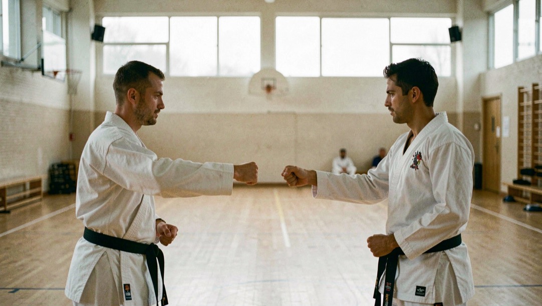 Twee karateka tegenover elkaar op armlengte afstand in een lichte sportzaal