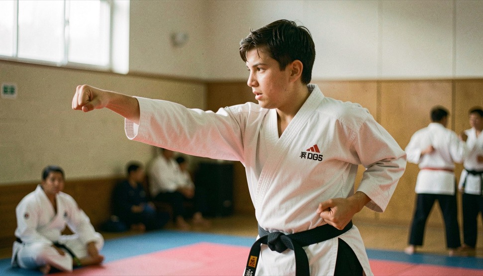 Karateka stoot met de rechtervuist terwijl de linkerarm langs de heup terugtrekt, in zijaanzicht