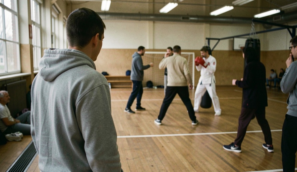 Iemand in straatkleding kijkt vanaf de zijkant naar een karatetraining in een sportzaal met houten vloer