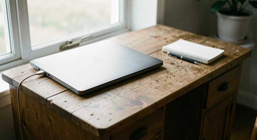 Houten bureau met een gesloten laptop, een notitieblok en een pen bij het licht van een raam