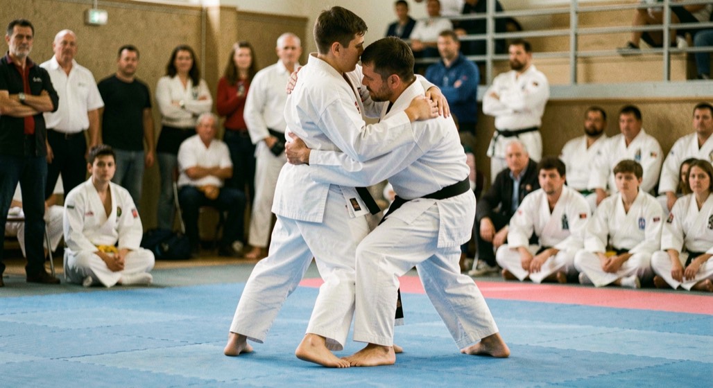 Karateka draait om zijn partner heen en komt achter diens schouder uit, beide in wit pak op een blauwe wedstrijdmat