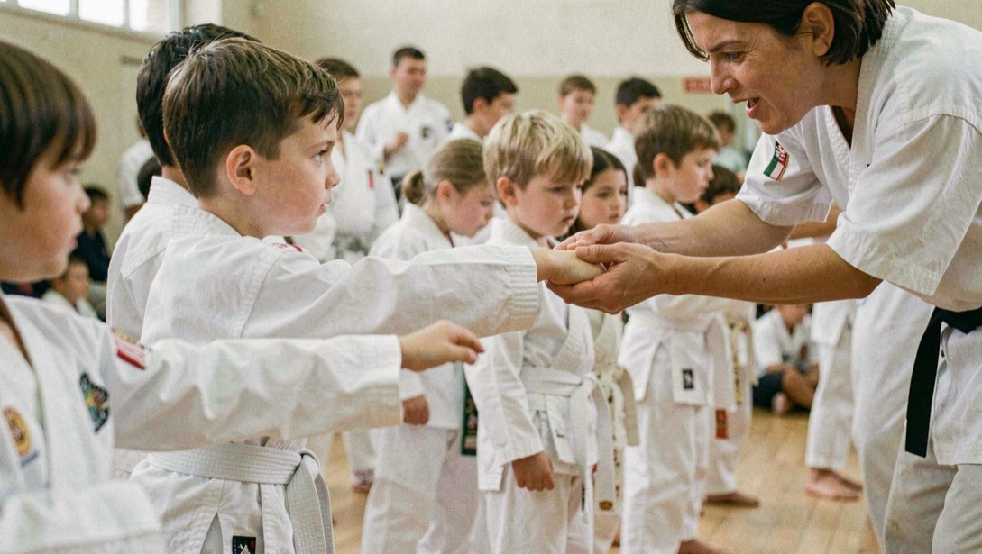 Kinderen in witte karatepakken oefenen in een rij een stoot, een begeleider corrigeert de arm van een van hen