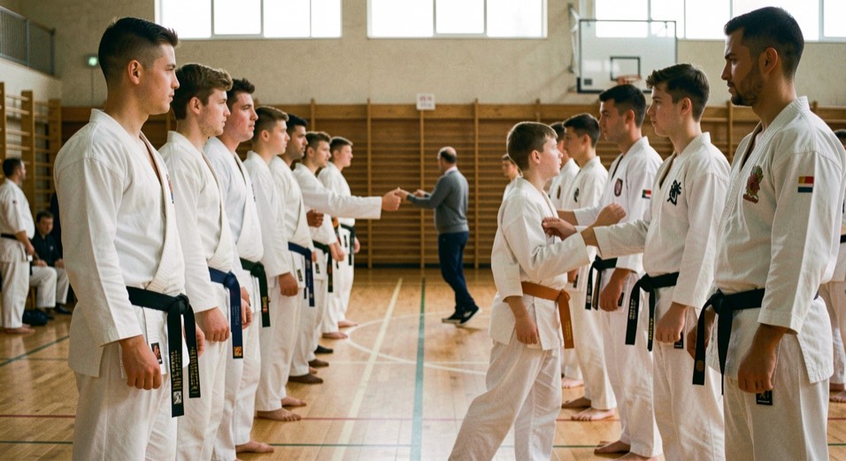 Groep karateka staat in twee rijen tegenover elkaar in een sportzaal, de leraar loopt langs en corrigeert een arm