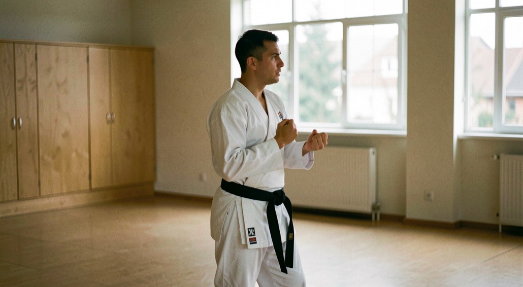 Karateka in wit pak met zwarte band voert alleen een kata uit in een lege zaal, het lichaam half gedraaid en de blik zijwaarts