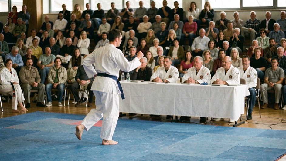 Karateka loopt alleen een kata op een blauwe wedstrijdmat voor een jurytafel met drie juryleden en een zaal vol toeschouwers
