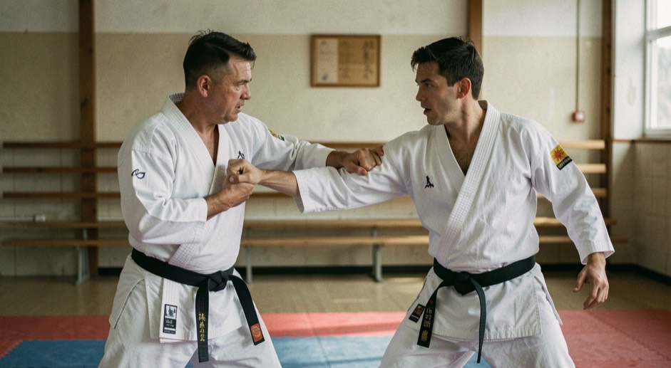 Twee karateka oefenen een afgesproken aanval: de een stoot naar het lichaam, de ander stapt achteruit en blokkeert met de onderarm