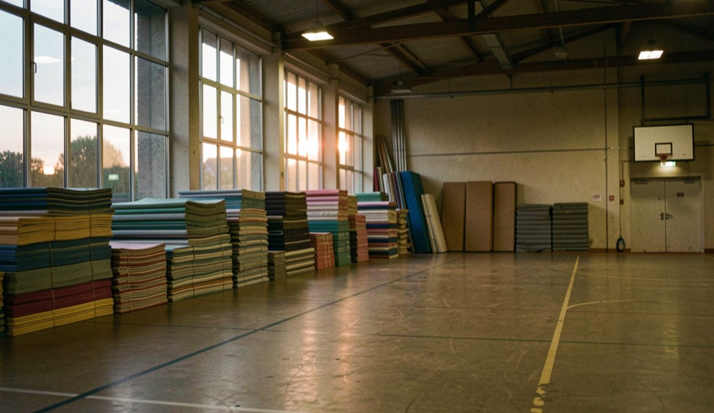 Lege sportzaal in de avond met opgestapelde matten langs de wand en licht dat door hoge ramen valt
