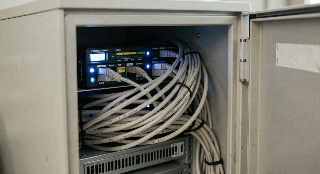 Netwerkkabels netjes gebundeld in een gesloten serverkast met blauwe statuslampjes