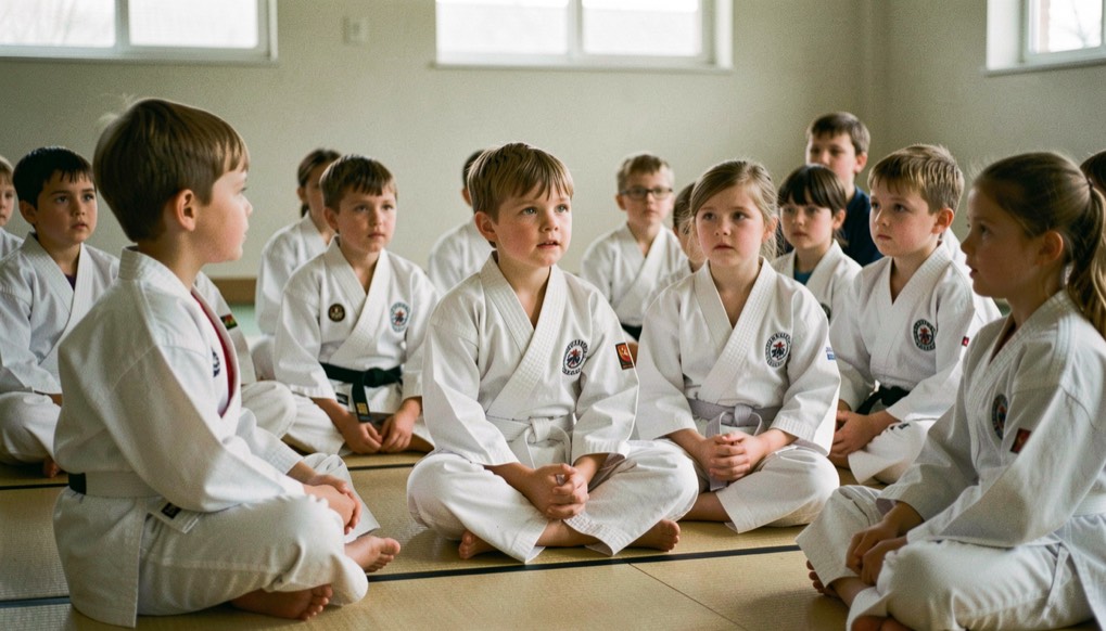 Groep kinderen in te grote witte karatepakken zit in kleermakerszit op een mat en luistert naar een uitleg