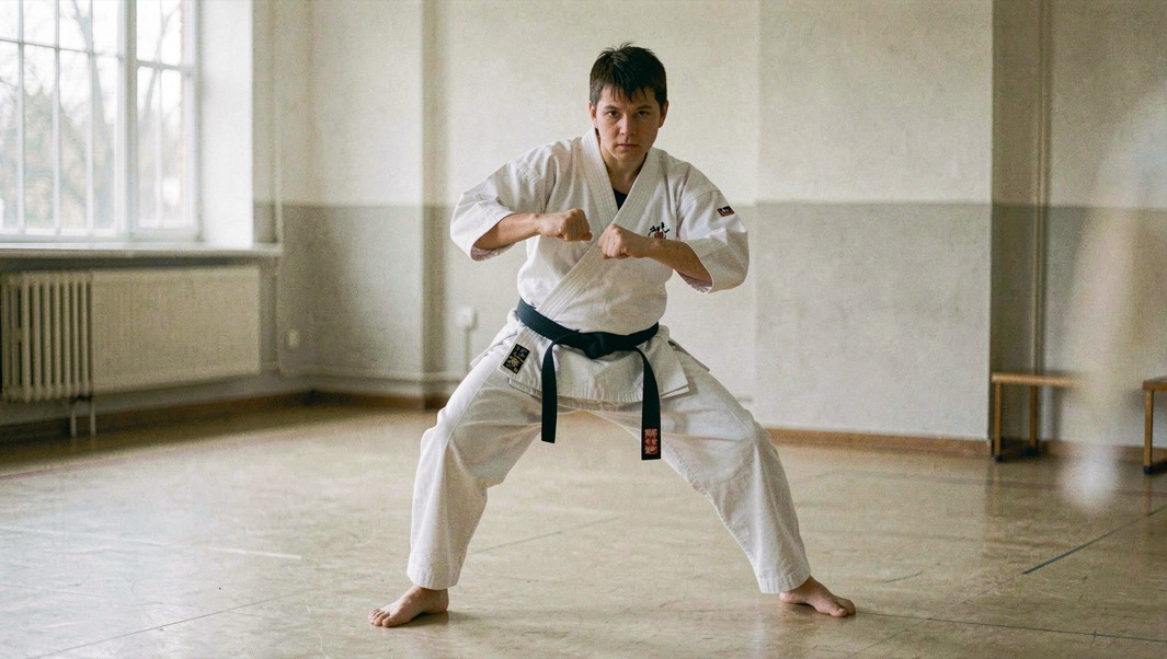 Karateka in wit pak houdt een diepe voorwaartse stand met gestrekte achterbeen en een gestrekte armblokkering in een lichte zaal