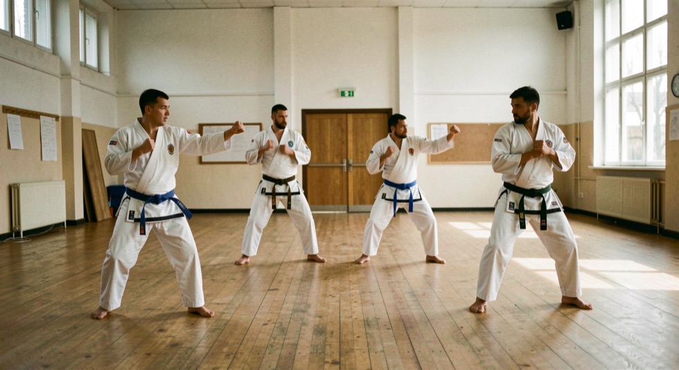 Vier paren karateka trainen tegelijk in een grote zaal, elk paar in een andere houding en op verschillende afstand van elkaar