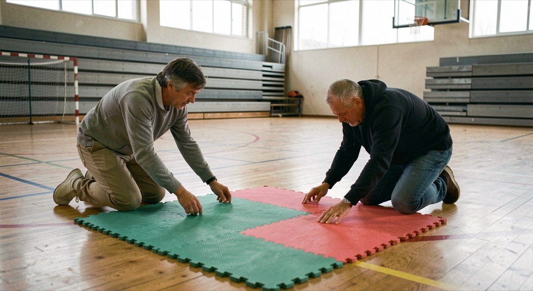 Twee mensen leggen groene en rode puzzelmatten aan elkaar tot een vierkant vlak in een sporthal