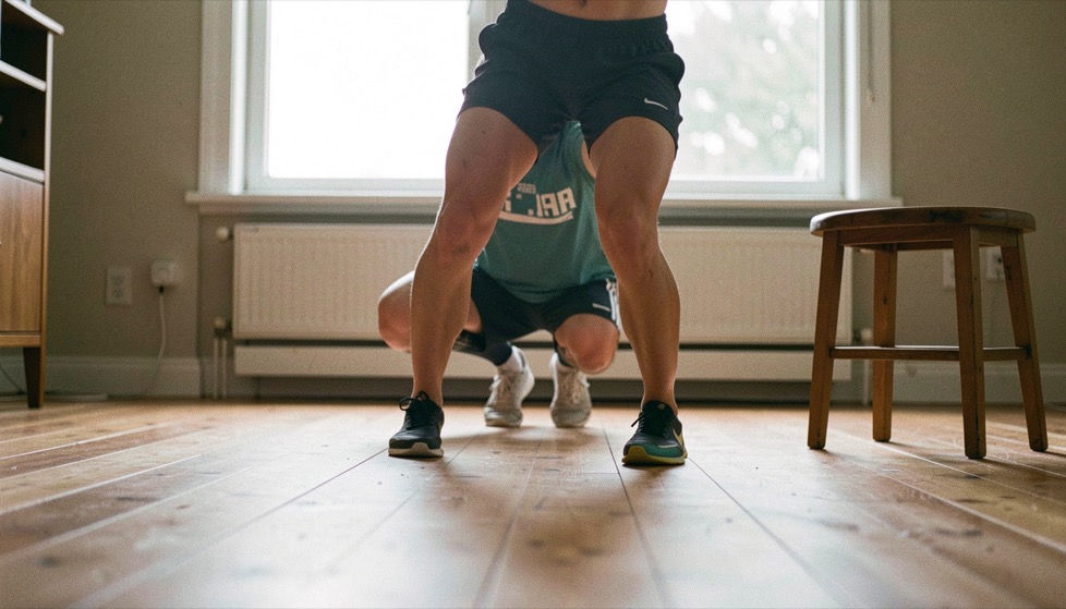 Iemand in sportkleding oefent een lage stand op een houten vloer thuis, met een stoel opzij geschoven en daglicht door het raam