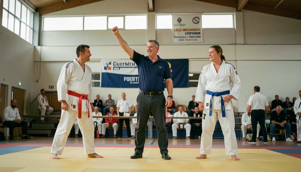 Scheidsrechter met opgestoken arm tussen twee karateka met rode en blauwe band op een wedstrijdmat in een sporthal