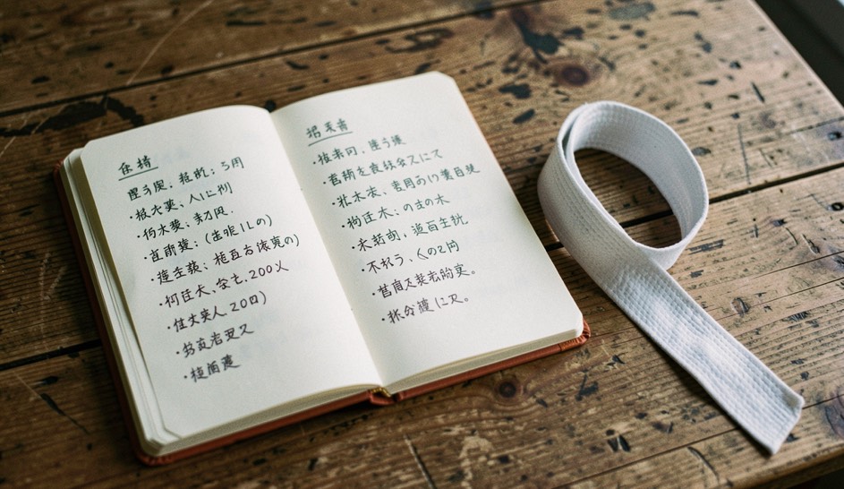 Open notitieboek met handgeschreven Japanse karatetermen ligt naast een opgevouwen witte band op een houten tafel
